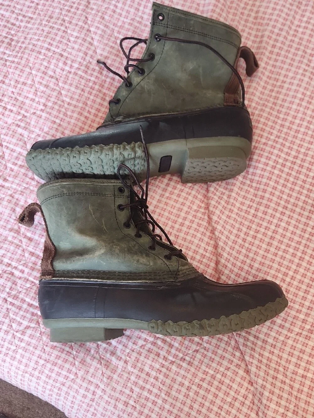 L.L. Bean Olive Green Black Brown Leather Rubber Duck Boots Lined 11M Fishing